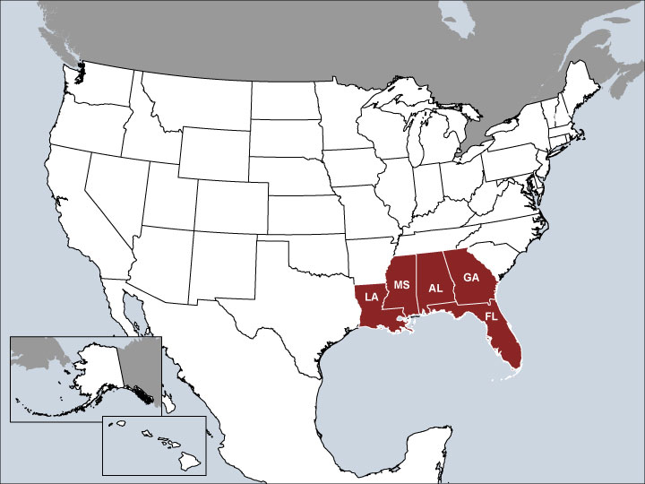 USA Map with Highlighted Sales Regions: AL, FL, GA, LA, MS