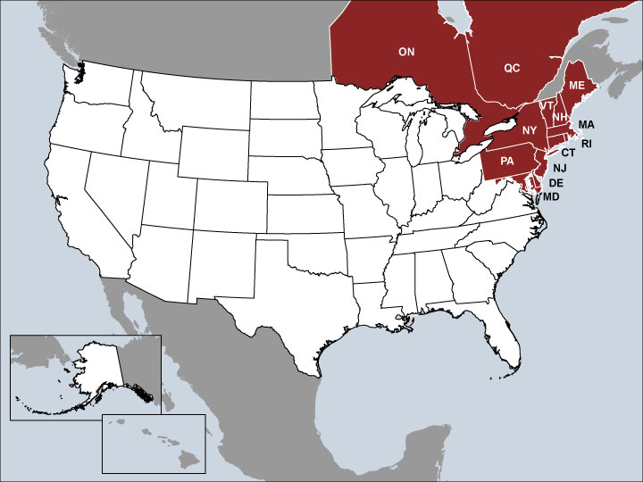 USA Map with Highlighted Sales Regions: NY, ME, VT, NH, MA, RI, CT, NJ, DE, MD, PA, and QC & ON Canada
